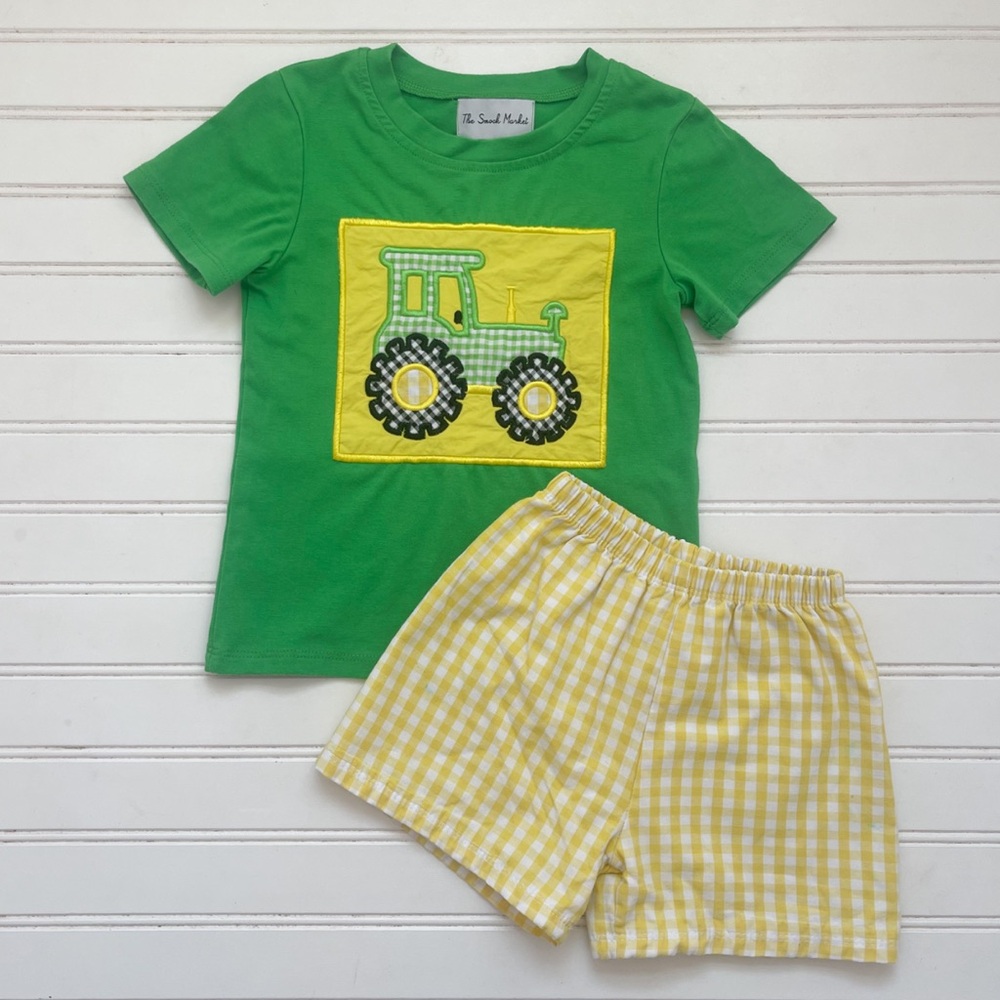 Boys Gingham Embroidered Appliqué Tractor Shirt & Elastic Shorts Set